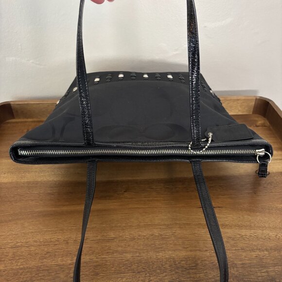 Coach Black Sateen Signature C Black Patent Leather Trim Studded Tote - Picture 6 of 10